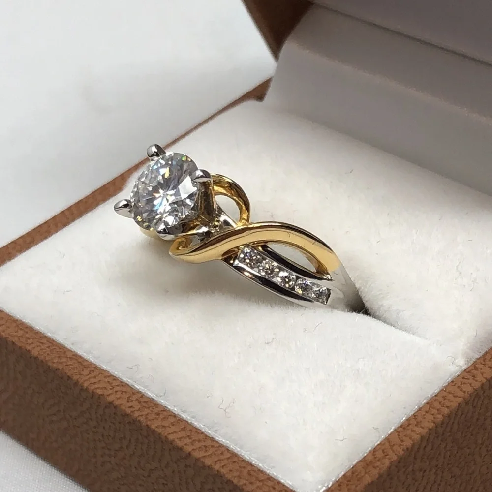 Moissanite Fire Ring Two Tone Crossover 14K Yellow Gold Over 925 Silver Size 7